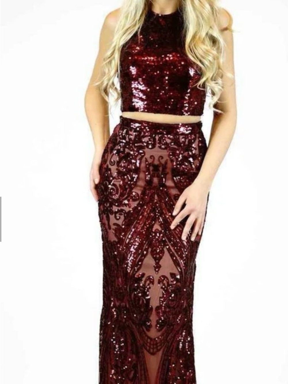 634. Jasz couture Beaded Burgandy 2 Piece Maxi Skirt - Evening Gown Style